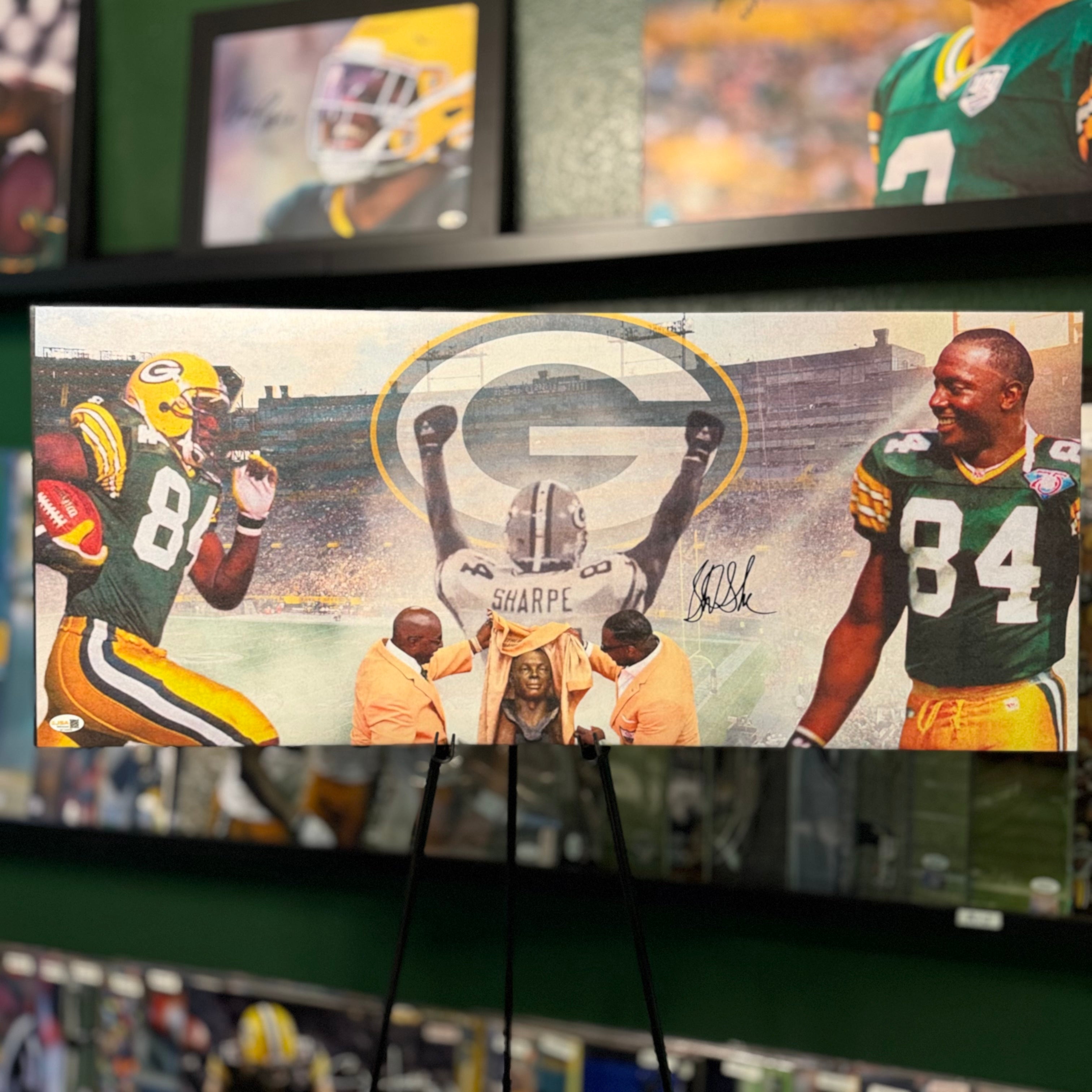 Sports memorabilia featuring a football player with the number 84 and a prominent 'G' logo.
