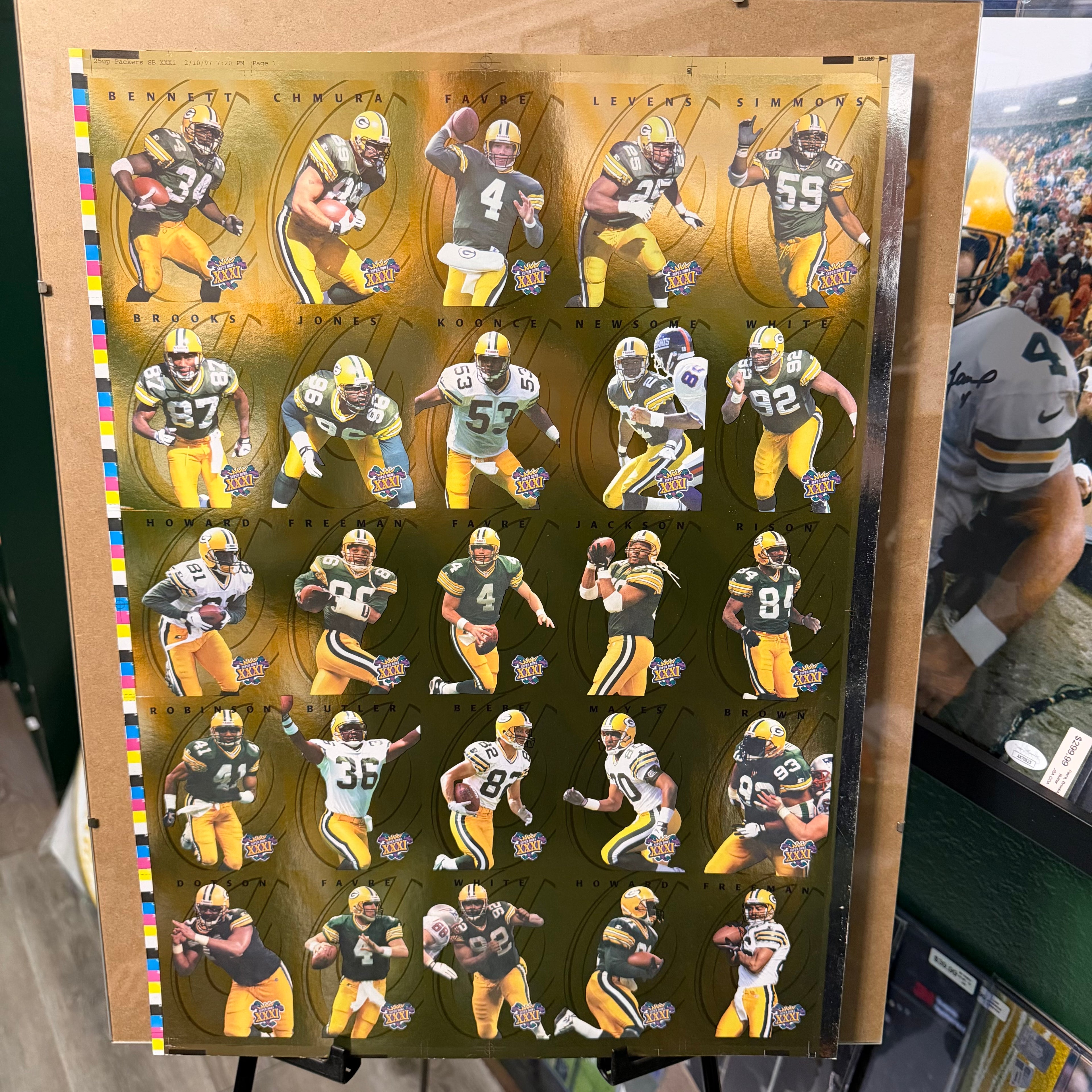 Collection of sports trading cards featuring various players on a display board.