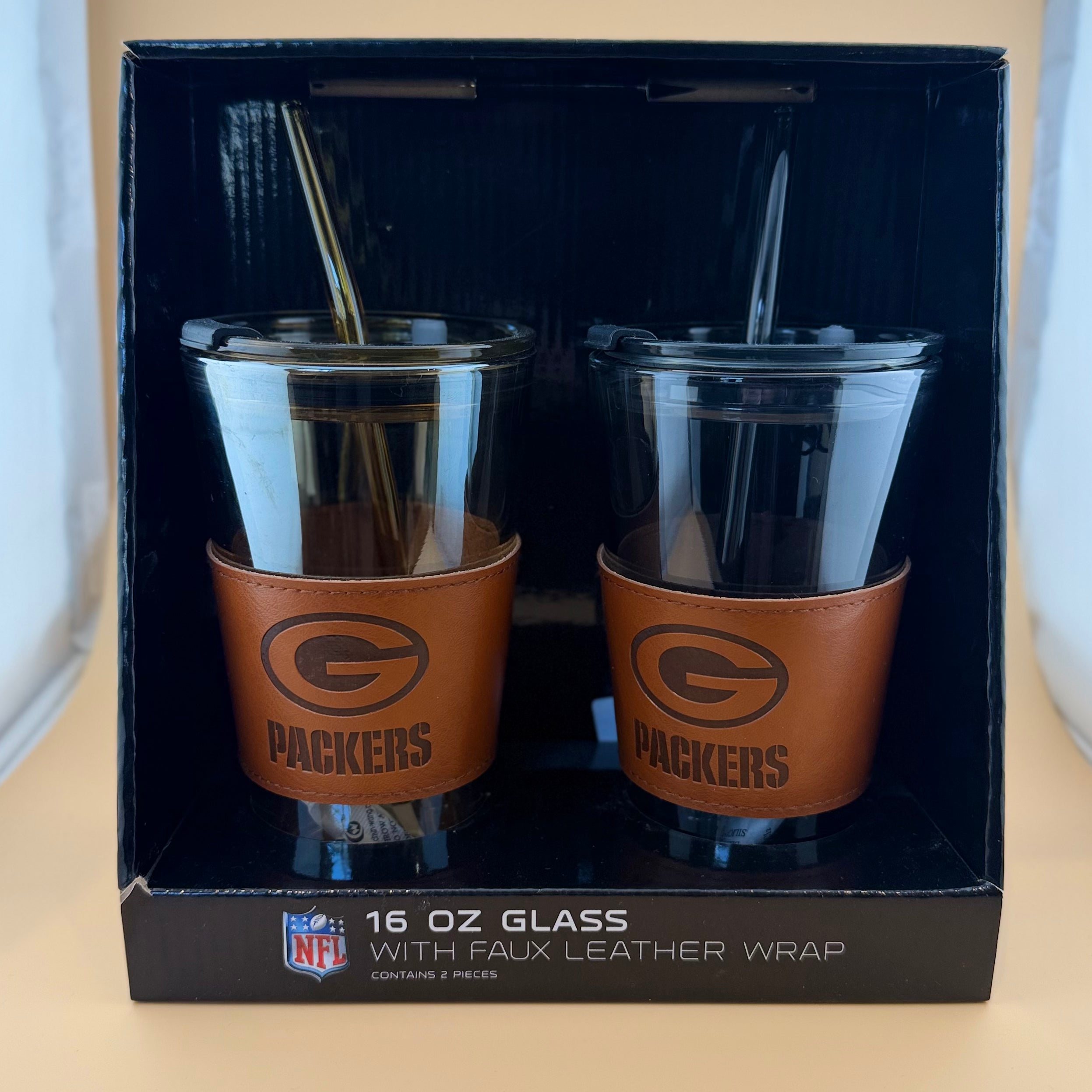 16 oz Glass Tumblers with Faux Leather Wrap Packers Logo- 2 pack