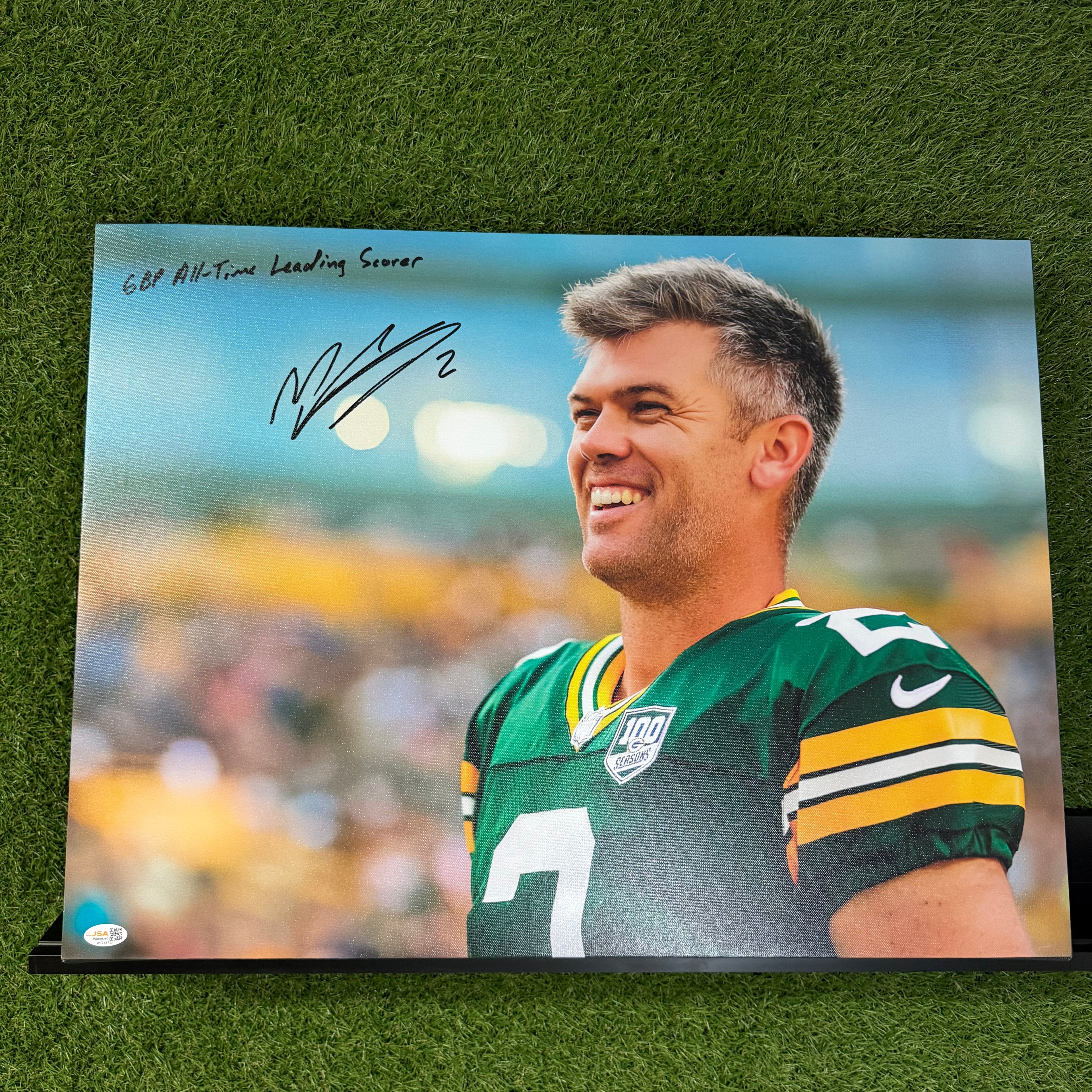 Packers Mason Crosby Signed 18x24 Canvas w/ Inscription