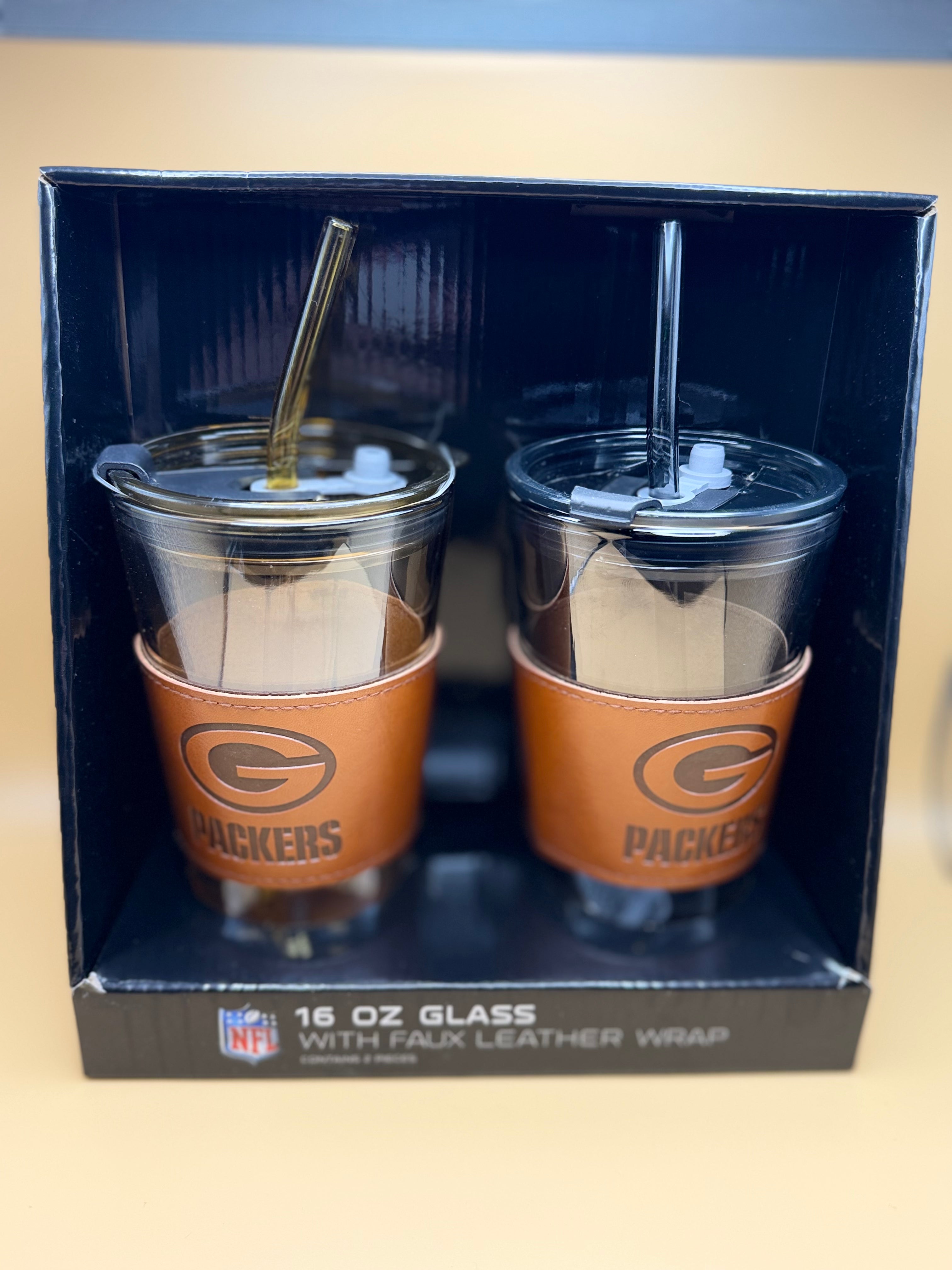 16 oz Glass Tumblers with Faux Leather Wrap Packers Logo- 2 pack