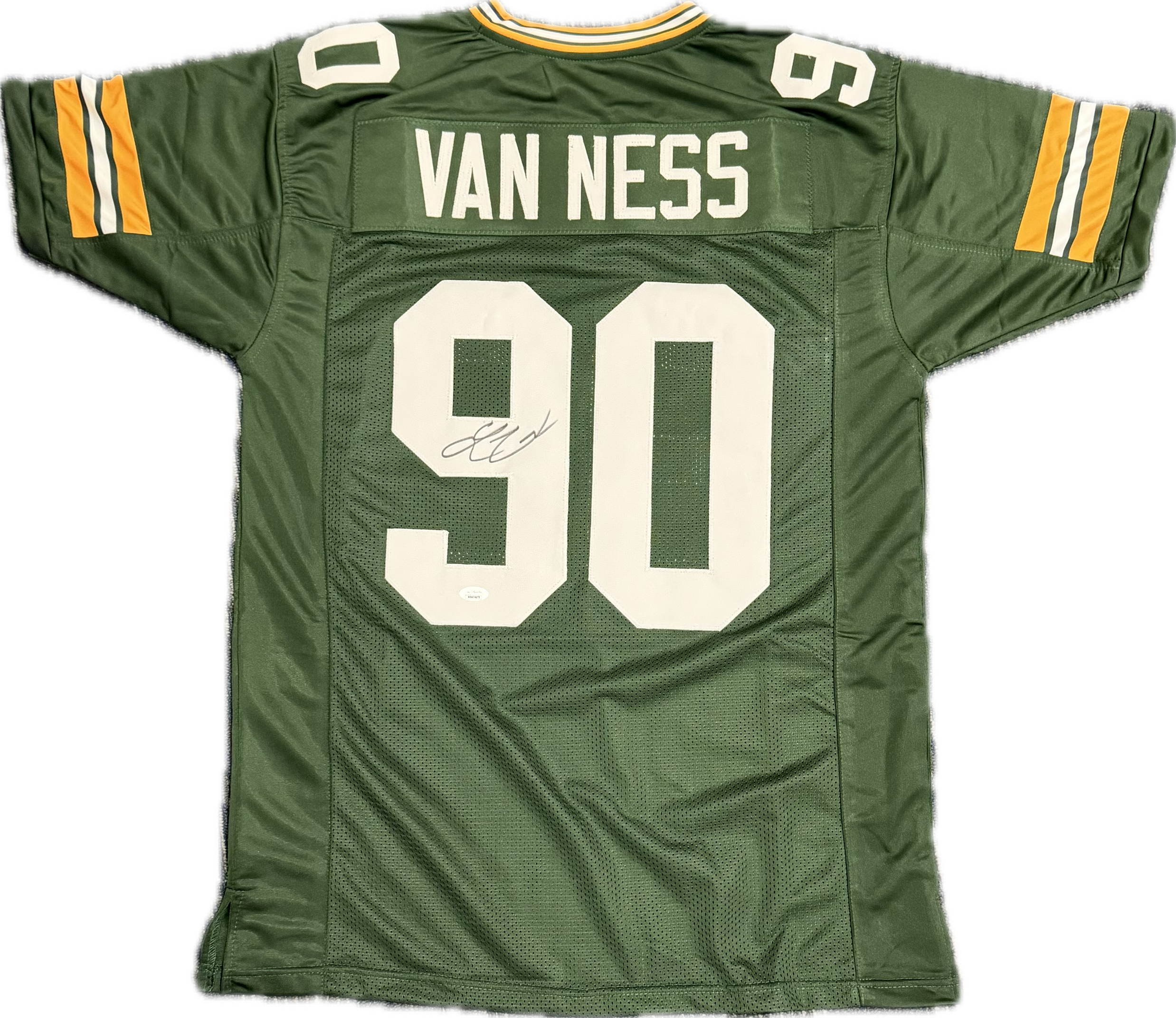 Green sports jersey with 'Van Ness' and number '90' on a white background