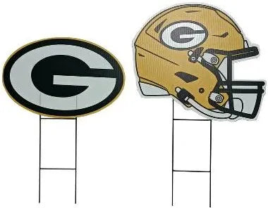 Green Bay Packers helmet and logo yard signs on white background