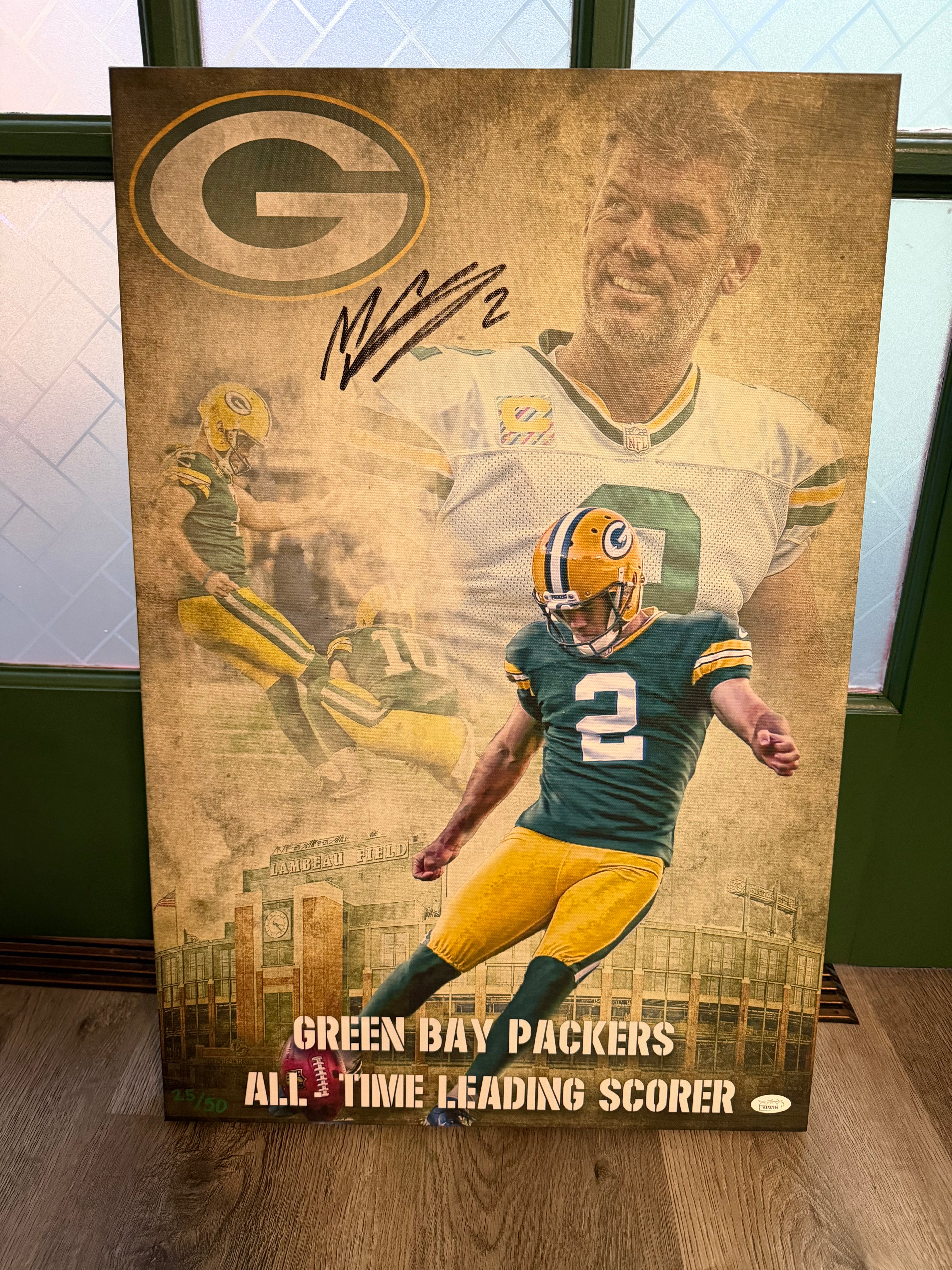Mason Crosby All Time Leading Scorer Signed Canvas