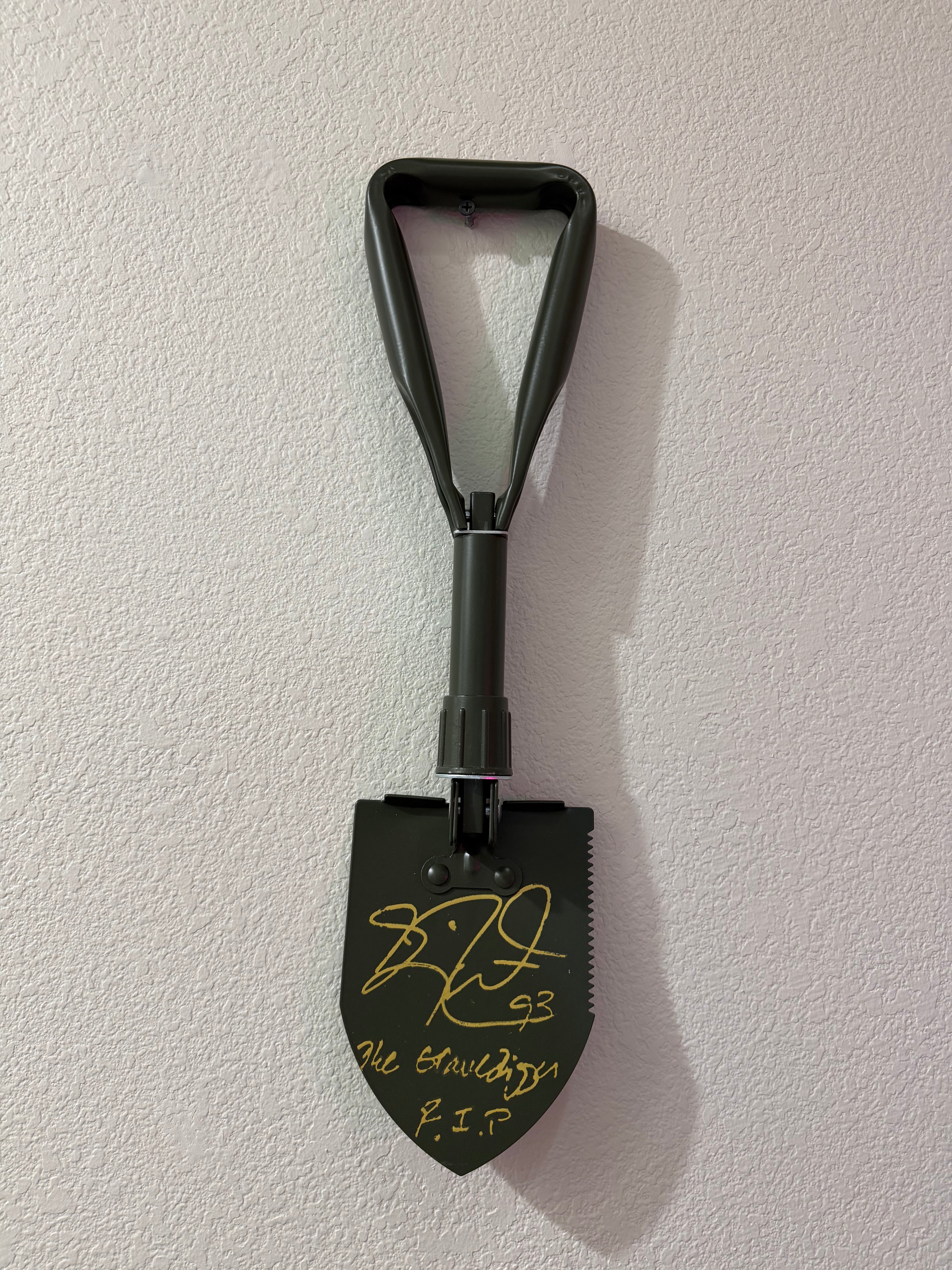 Gilbert Brown Signed "Gravedigger RIP" Shovel- 18.5" Green
